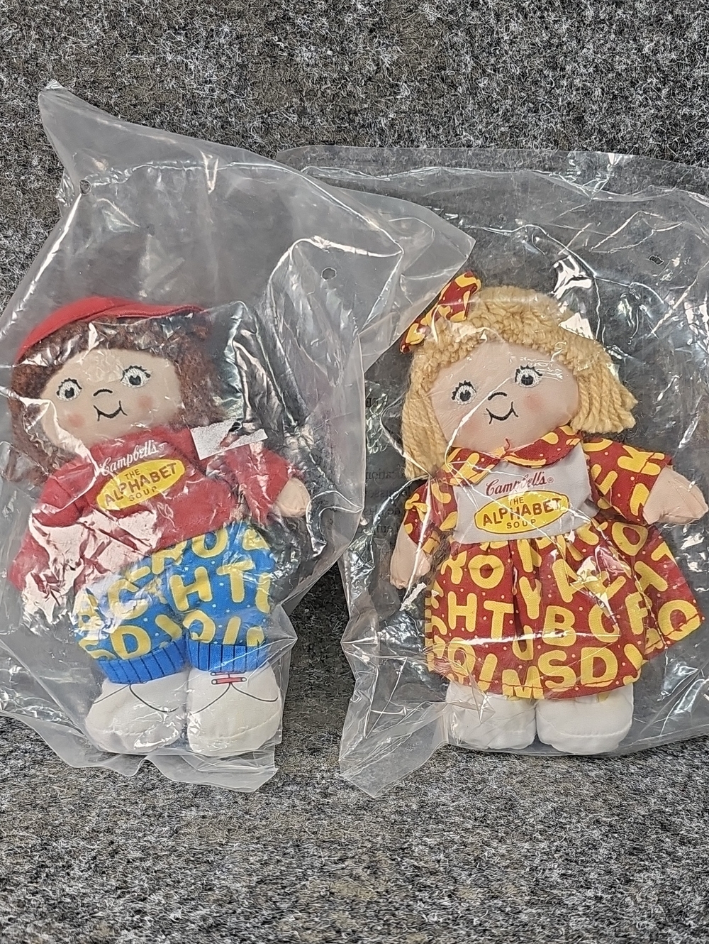 90's Campbells Alphabet Soup Dolls, Boy & Girl, NEW